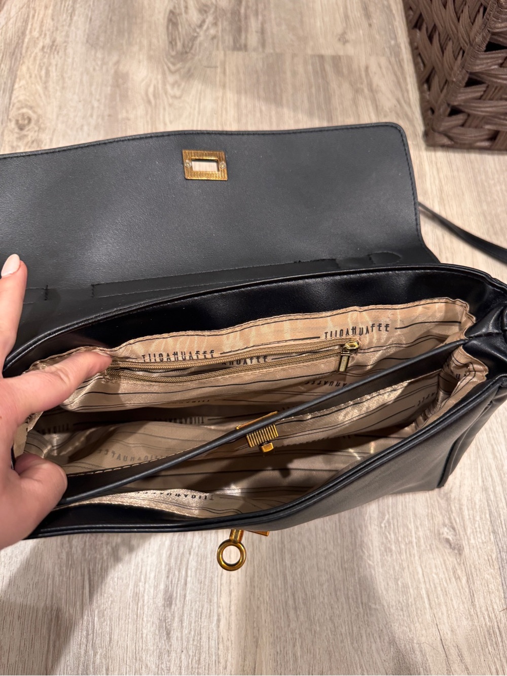 Black Faux Leather Shoulder Bag Gold Hardware Small - Picture 5 of 8